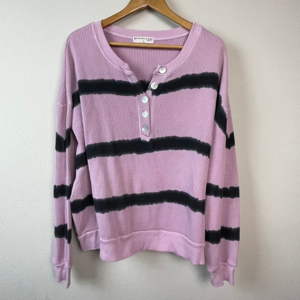 Electric &‎ Rose Henley Top Women L Pink Black Striped Waffle Knit Thermal Shirt